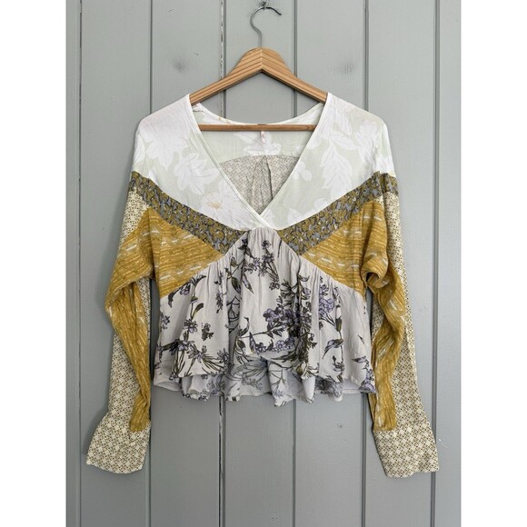 Free People Top XS Aloha State Of Mind Floral Green Tea Blouse Long Sleeve - Picture 1 of 6
